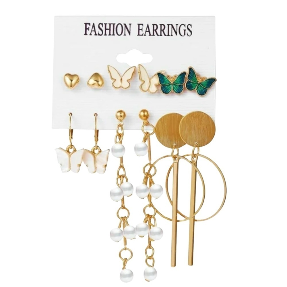 6-Pair Mixed Butterfly & Pearl Earring Set – Studs, Drops & Hoops